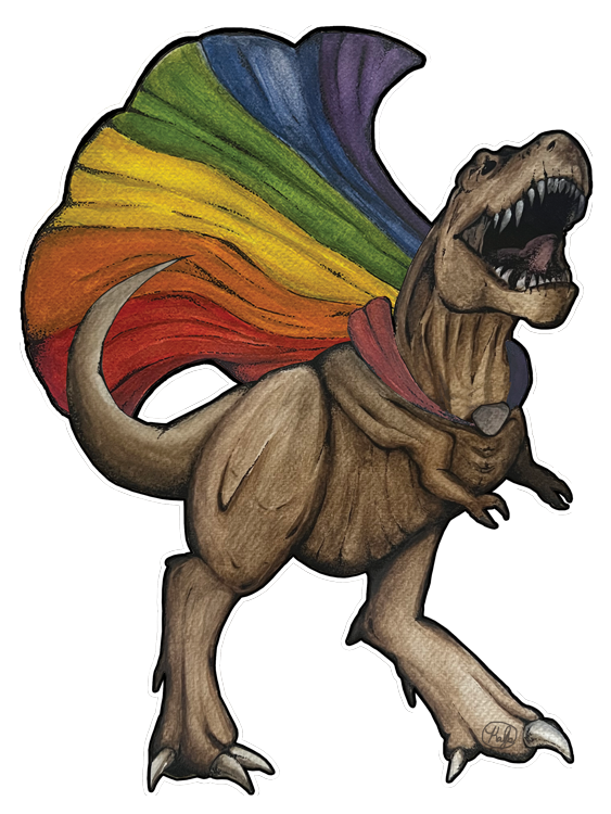  The image is a cartoon drawing of a Tyrannosaurus Rex wearing a rainbow cape. The dinosaur is standing on its hind legs and has its arms outstretched to the sides. Its mouth is open and it has a determined expression on its face. The rainbow cape is flowing behind the dinosaur and it has a white outline. The background is black.