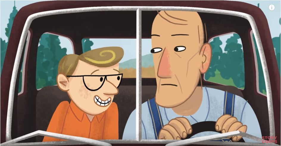 a cartoon of a boy and his father riding in a pickup truck, the boy is grinning sheepishly with purple glitter on his cheeks