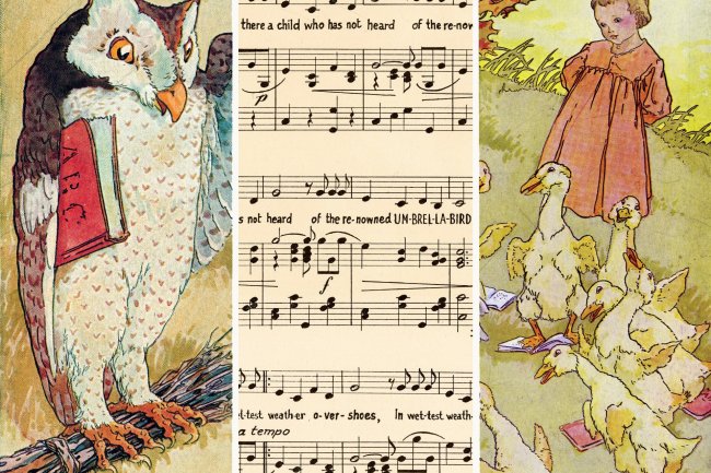 Page from a children's poetry book has sheet music, a poem, and illustrations of a young girl and an owl reading a book.