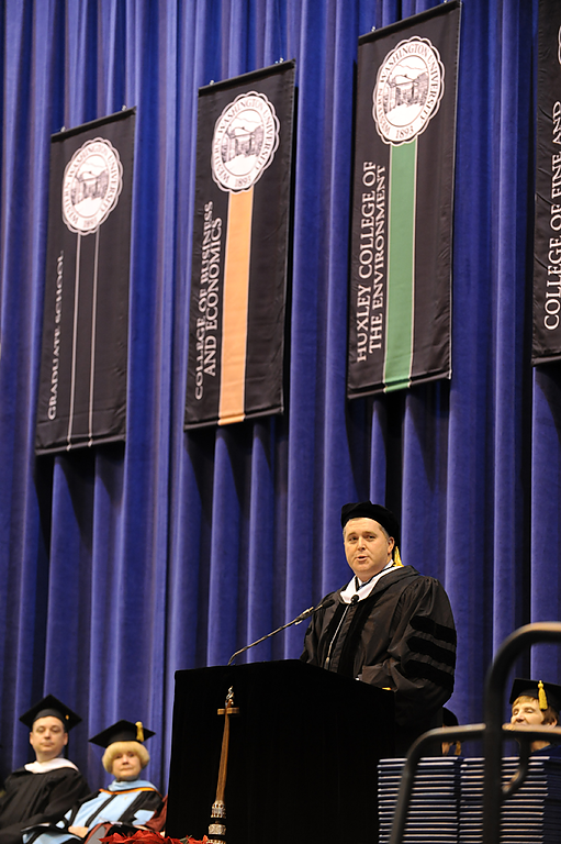 Scot Studebaker, of Ernst & Young, gives his speech during the fall 2009 commencement at Western Washington University. The ceremony’s main speaker, Studebaker joined Ernst & Young soon after graduating from WWU in 1990 with a degree in Accounting; he now