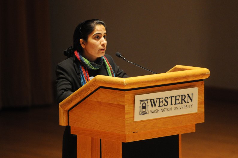 Human rights activist Malalai Joya, the youngest member of the Afghan Parliament, speaks in the PAC Auditorium Monday, April 4, 2011. Photo by Daniel Berman | University Communications intern