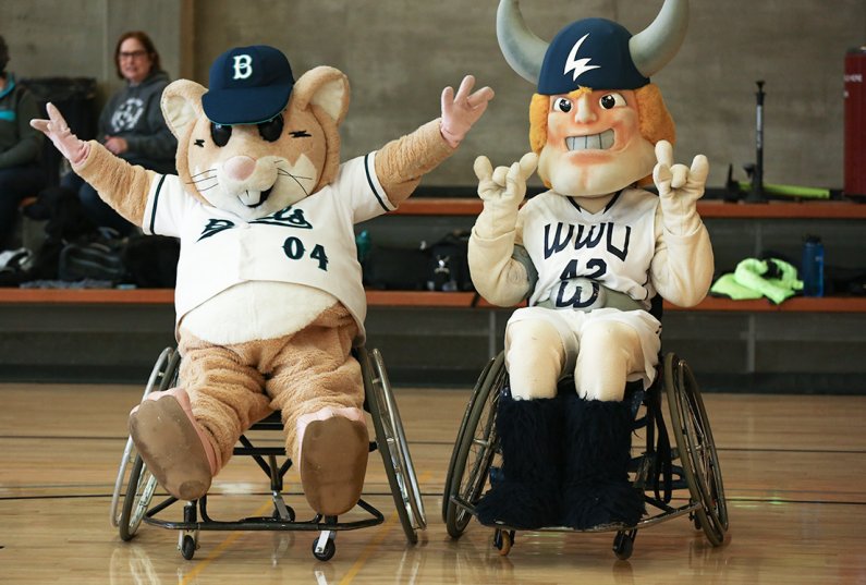 Victor E. Viking  and his peer mascot from the Bellingham Bells look on  WWU photo/Rose Carr