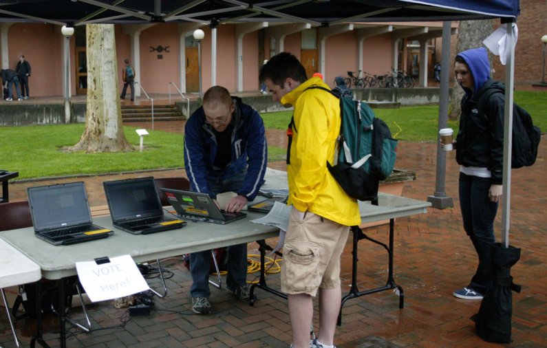 Remy Levin, the A.S. elections coordinator, helps students vote online in the A.S. student government elections on a rainy day in Red Square Monday, April 25. Photo by Shea Taisey | University Communications intern