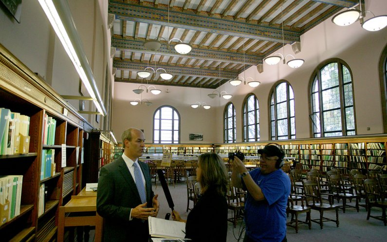 U.S. Rep. Rick Larsen is interviewed in the Wilson Library Reading Room during the Compass 2 Campus tour day Oct. 26. Photo by Matthew Anderson | WWU