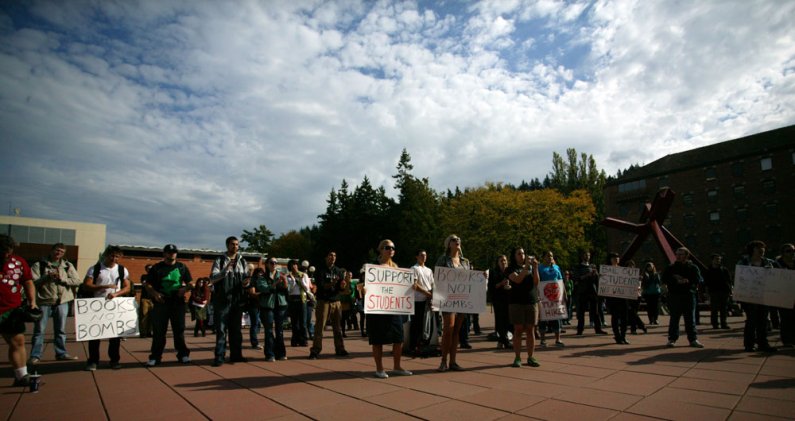 WWU students and community members gather at a rally to defend public education on Oct. 6, 2010. Photo by Matthew Anderson | WWU