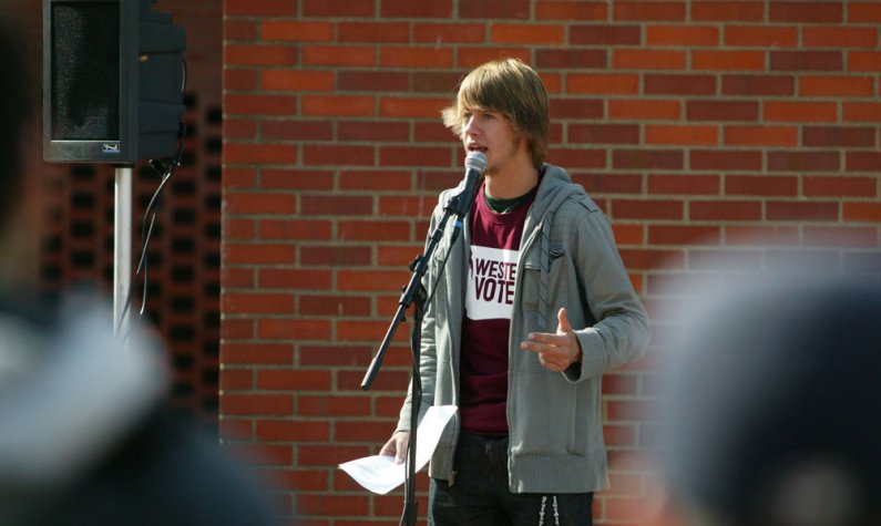 Byron Starkey, Associated Students vice president for governmental affairs, addresses the crowd during an on-campus rally to defend public education on Oct. 6, 2010. Photo by Matthew Anderson | WWU