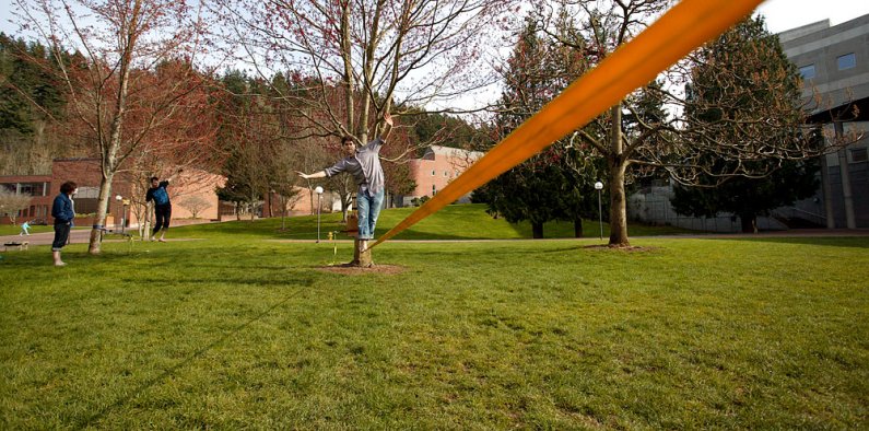 WWU student Frank Vitolo, right, attempts to walk along one slackline while geography major Cory Olson tries to balance on another. Looking on is WWU recreation major Cameron Frazier. University gardener Randy Godfrey recently placed protective wooden gua