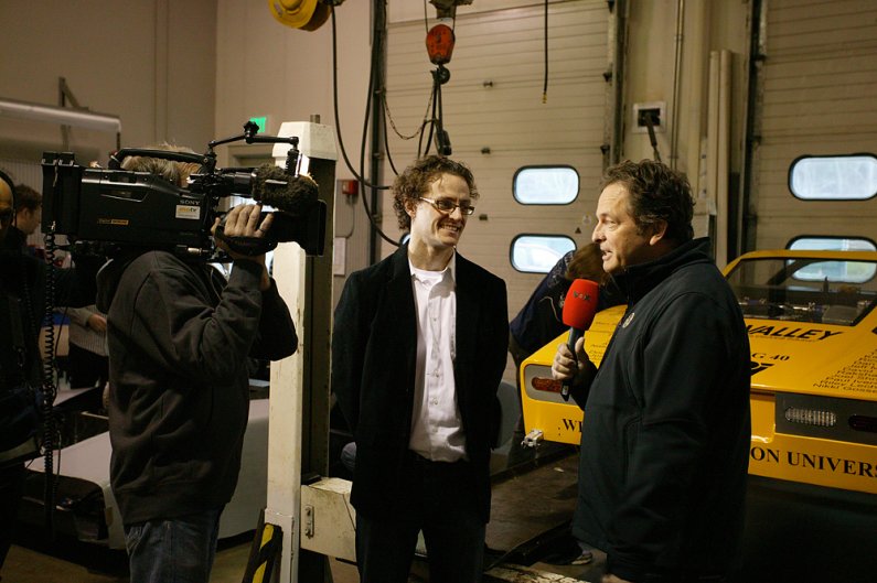 Eric Leonhardt, director of Western Washington University's Vehicle Research Institute, is interviewed by Peter Stützer, host of the German automotive program "Auto Mobil - Das VOX Automagazin," in the VRI Thursday morning, Jan. 14. The show is set to air