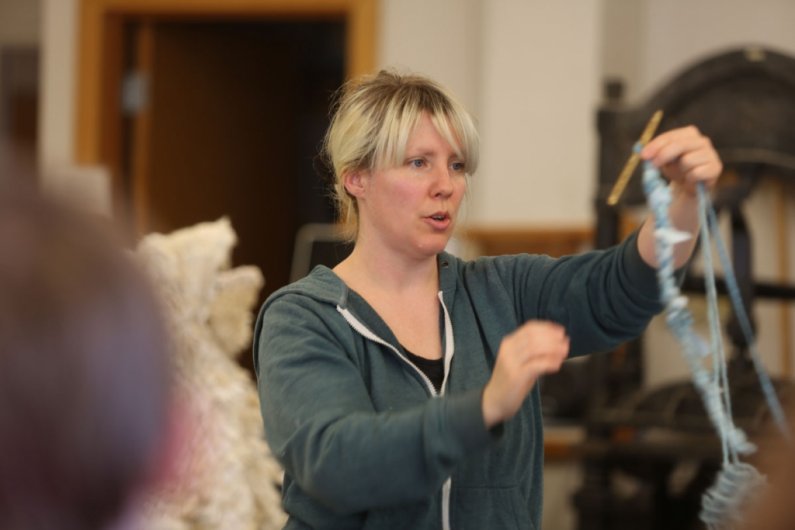 Artist Mandy Greer conducts a crochet workshop at Western Washington University Tuesday, April 30, based on one of her recent works. Photo by Sam Heim | Communications and Marketing intern