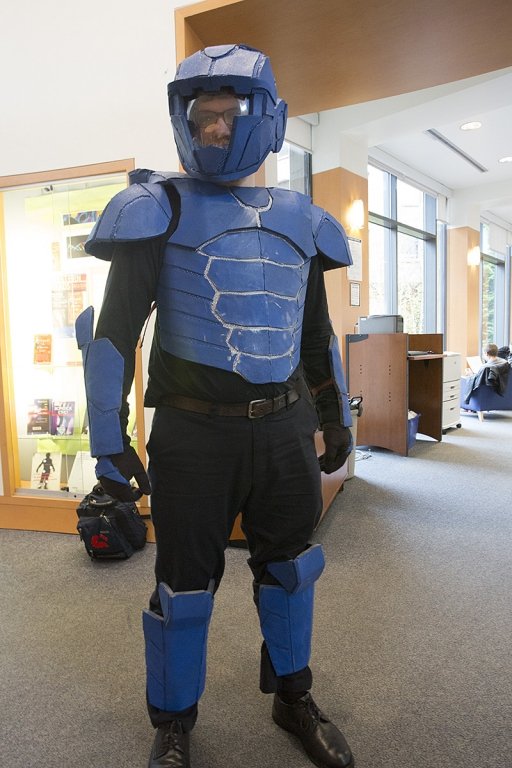 Stephen Quinn Tenney poses in his sci-fi armor, which he designed and made himself. He said it took a while to make, but he liked the way it turned out. Photo by Maddy Mixter | Communications and Marketing intern