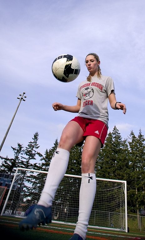 Justina MacDowell, a member of Western Washington University’s women's soccer team, squeezes in a last-minute practice between classes on the Wade King Student Recreation Center turf field Tuesday, Feb. 2. MacDowell, a transfer from Southern Oregon Univer