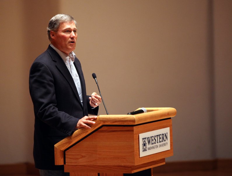 Congressman Jay Inslee speaks at the Back 2 Bellingham Campus Headlining Address at the Performing Arts Center's Concert Hall on May 15, 2010. Photo by Mark Malijan | For WWU