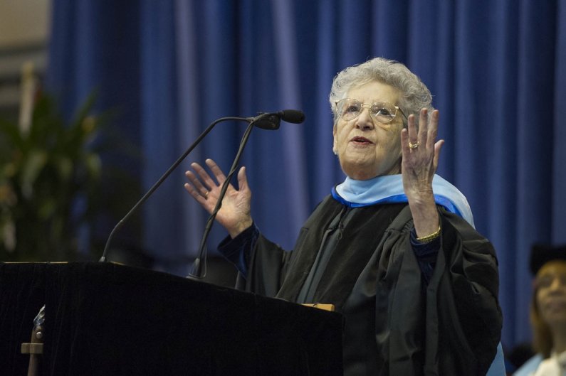 Holocaust survivor Noémi Ban, an award-winning public speaker and teacher, speaks at Western Washington University's commencement on March 23, 2013. Ban also received an honorary doctorate degree from WWU. Photo by Dan Levine | for WWU