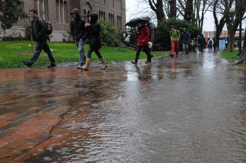 Western students walk through heavy rain on a dark day Wednesday, March 30, 2011. Photo by Daniel Berman | University Communications intern
