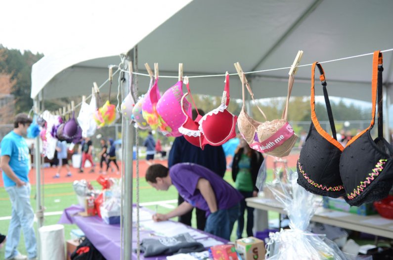 Bras decorated with cancer awareness messages are displayed during the Relay for Life event at Wade King Field Saturday May 14, 2011. Photo by Daniel Berman | University Communications intern