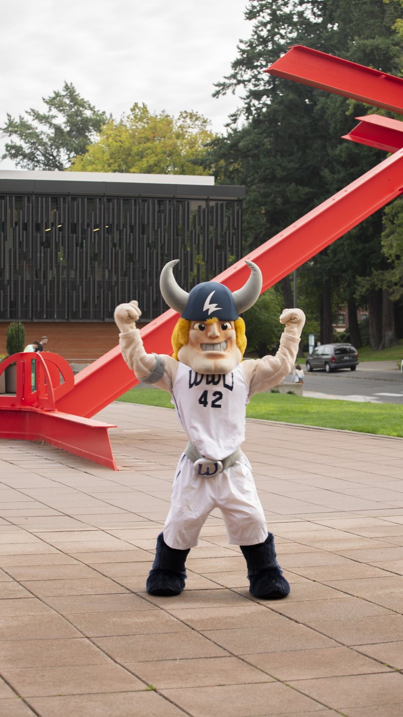 Victor E. Viking strikes a pose on the PAC Plaza