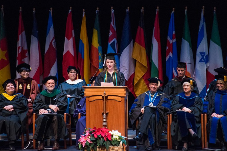 Jenna Cowan (Bachelor of Arts, Sociology) addresses her fellow graduates during ceremony three.