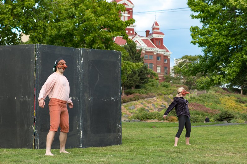 WWU students perform "Commedia in the Park" at Maritime Heritage Park on Saturday, July 2. Photo by Jonathan Williams / WWU