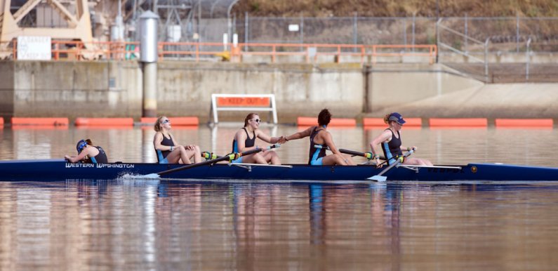 The WWU women's rowing team won its seventh-consecutive NCAA Division II national championship by dominating the field on Sunday. Here, members of the varsity four congratulate each other on their victory. Courtesy photo