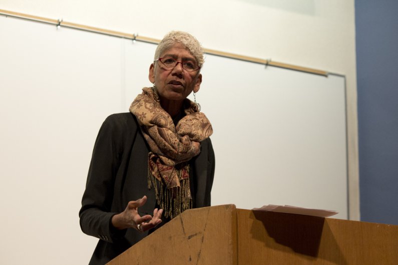 Social activist Ericka Huggins lectures to an audience Feb. 28 in Arntzen Hall 100 about racial, class, gender and sexual identities and the importance of finding and loving oneself on the road to universal acceptance. Formerly of the Black Panther Party 