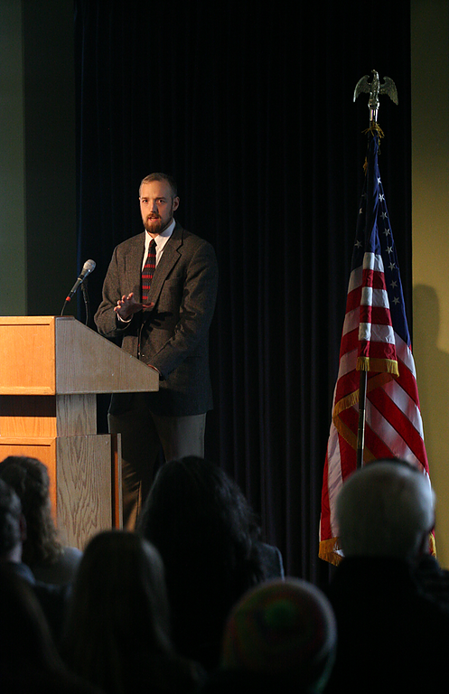 Western student and veteran recently released from active duty Jered Ogle speaks as part of the Veterans Day Celebration in the Viking Union Multipurpose Room Tuesday morning. Photo by Michael Leese | WWU intern