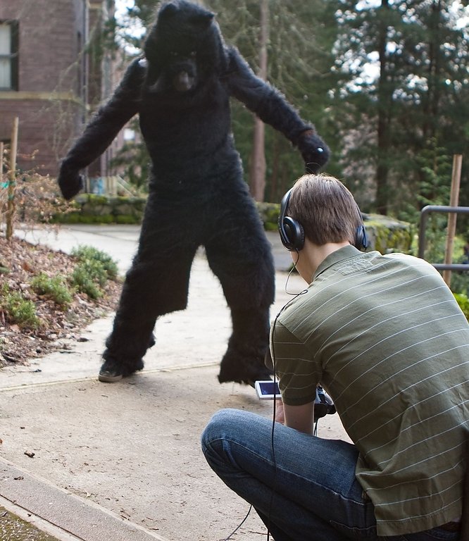 Western Washington University students Toby Childs, left, and Cody Olsen film a video titled “Wouldn’t it be Nice” for their Intro to Cinema class on the north side of Old Main Thursday, Feb. 25. Photo by Jon Bergman | University Communications intern