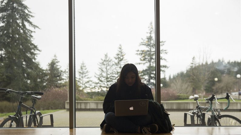 student works at a laptop in Academic West