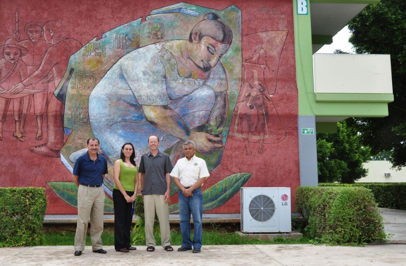 (left to right) Luis Latournerie, plant breeding; Lucila Salaar Barrientos, doctoral student; John Tuxill (Fairhaven); Miguel Magaña, agroecology. Photo courtesy of John Tuxill