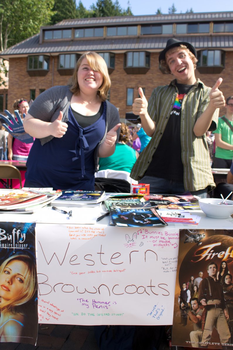 Western sophomore Miranda Lott, left, and Western junior William Crow staff the Western Browncoats table at the 2011 info fair on Sept. 19. The club gathers weekly to watch and discuss the various works of Joss Whedon, Lott said. Photo by Christopher Wood