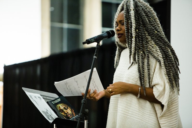 Crystal Valentine won first place at the College Unions Poetry Slam Invitation (CUPSI) in 2015 and 2013. Photo by Rhys Logan / WWU