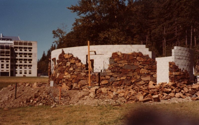 Nancy Holt's "Stone Enclosure: Rock Rings" sculpture is constructed in the field south of the Environmental Studies building on the Western Washington University campus in 1978. Courtesy photo