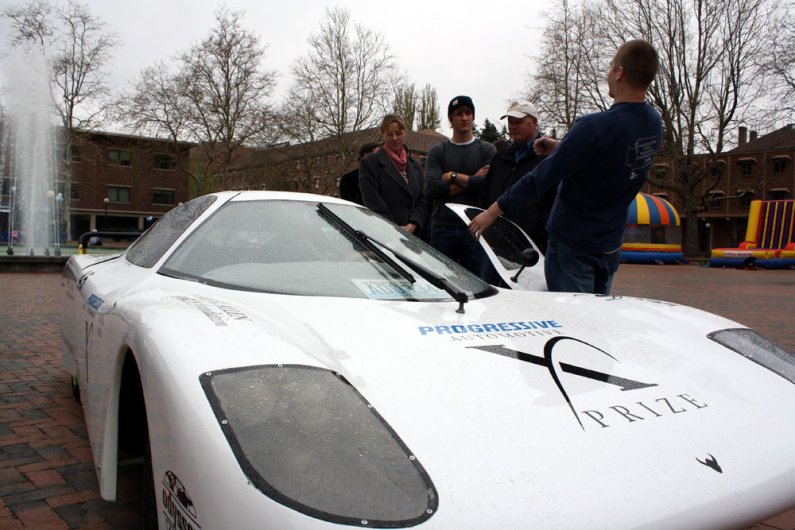 Viking 45, the ultra-fuel-efficient car from Western's Vehicle Research Institute, was one of the attractions on display in Red Square on Saturday, May 14, for the annual Back 2 Bellingham Alumni and Family weekend. WWU alumni, faculty, students and their