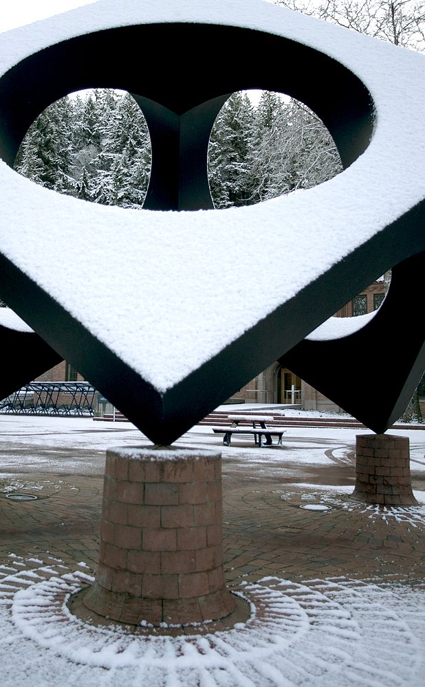 The Skyviewing Sculpture in Red Square, installed in 1969 by famed artist Isamu Noguchi, enjoys special contrast on a snowy day. Photo by Matthew Anderson