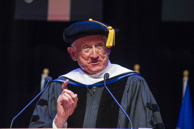 Ralph Munro, former Washington Secretary of State, speaks at one of three commencement ceremonies at WWU’s Performing Arts Center Mainstage March 19. Photo by Dan Levine / for WWU