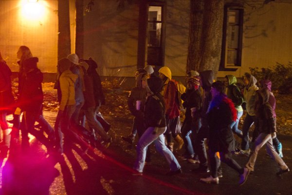 Students march from the Viking Union downtown during the Take back the Night March on Nov. 17. Photo by Christopher Wood|University Communications Intern