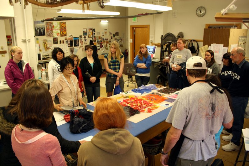 Art Department Professor Seiko Purdue instructed WWU’s Back to Bellingham visitors in the ways of contemporary Shibori (tie dying) with polyester on Saturday, May 14. Guests learned the step-by-step process of folding, ironing, stitching and dying materia