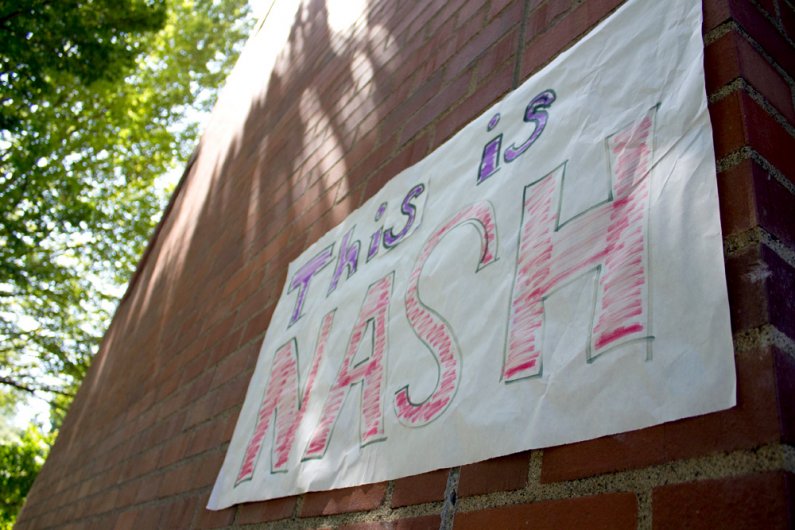 A paper sign welcomes students and visitors to Nash Hall on the north end of the WWU campus Monday, Aug. 8, 2011.