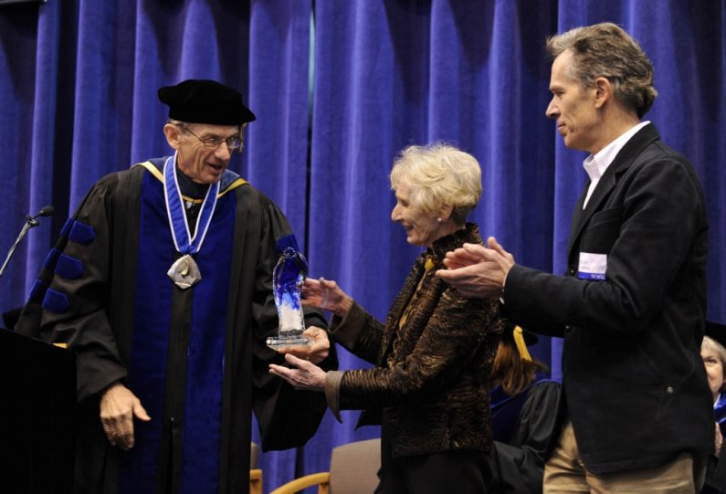 Virginia Wright, center, received the President's Award -- with her late husband, Bagley Wright -- for contributions to public art in the Pacific Northwest. At right is Wright's son Charles Wright of Seattle. Photo by Daniel L. Levine | for WWU
