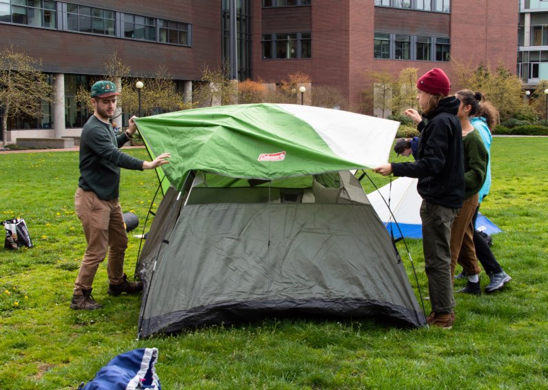 Huxley Environmental Education students practice setting up tents for their first camping trip of the quarter tomorrow to Sucia Island.