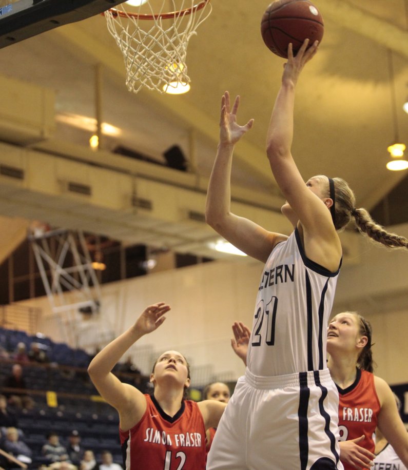 Senior Lauren Hefflin goes for a lay up during the opening round of the GNAC Women's Basketball tournament Monday, Feb. 28.  Hefflin finished the night with 18 points. Photo by Alex Roberts | University Communications intern