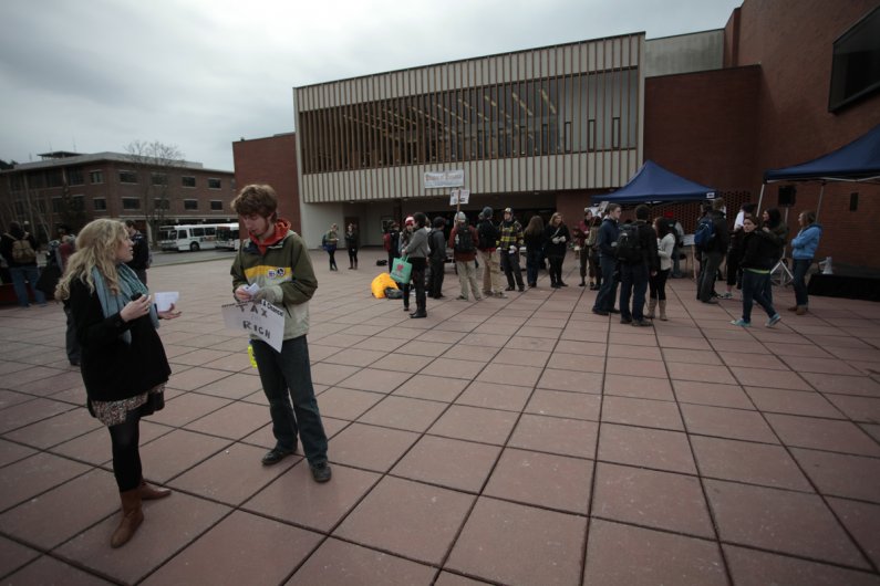 Students gathered in the PAC plaza for the "Rally to Restore Education" Monday, March 1.  The focus of the rally was on the higher education funding crisis in Washington State.  Students were encouraged to register to vote, to contact their local legislat
