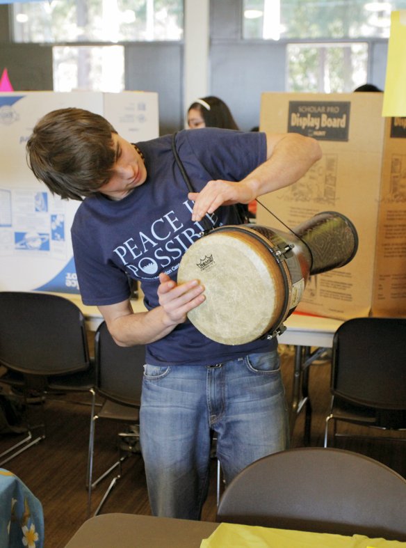 The campus activities showcase featured student clubs, academic programs and other community groups in the Viking Union Multipurpose Room on Tuesday, Feb. 1. Here, Western sophomore Bodie Cabiyo entertains attendees with his drum skills. Photo by Alex Rob
