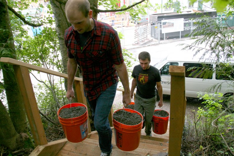 Western juniors Ian Lucas and John Herbert haul buckets of gravel to be added to the south campus arboretum shortcut trail behind Miller Hall Wednesday, June 2. The new trail and wooden stairway were constructed by the Geology 417D spring block instructed