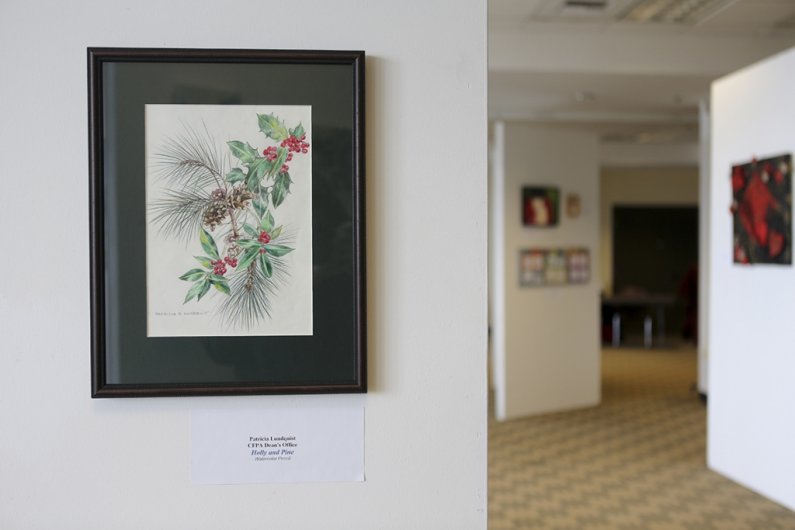 Patricia Lundquist - CFPA Dean's Office - Holly and Pine - Watercolor Pencil. Photo by Dylan Koutsky | Communications and Marketing intern