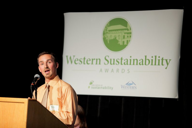 Seth Vidaña, coordinator of the WWU Office of Sustainability, adresses the audience at the first-ever WWU Sustainability Awards Ceremony.
