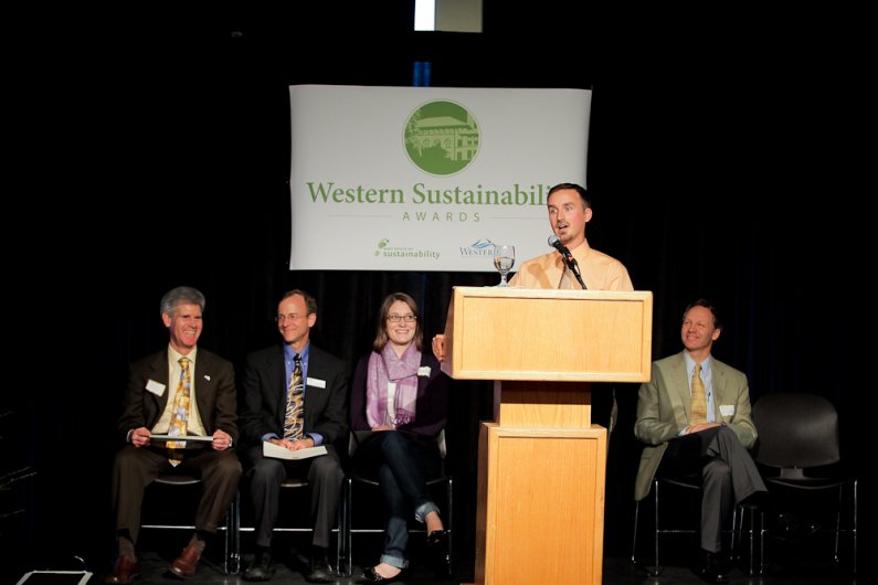 Seth Vidaña, coordinator of the WWU Office of Sustainability, adresses the audience at the first-ever WWU Sustainability Awards Ceremony.