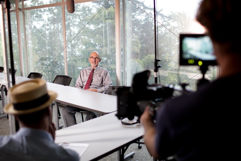 Don Alper, the director of Center for Canadian-American Studies and Political Science professor at Western Washington University, gets prepped for his interview for the upcoming Canadian documentary film "Borderline" on Wednesday, Oct. 5, 2011. Photo by R