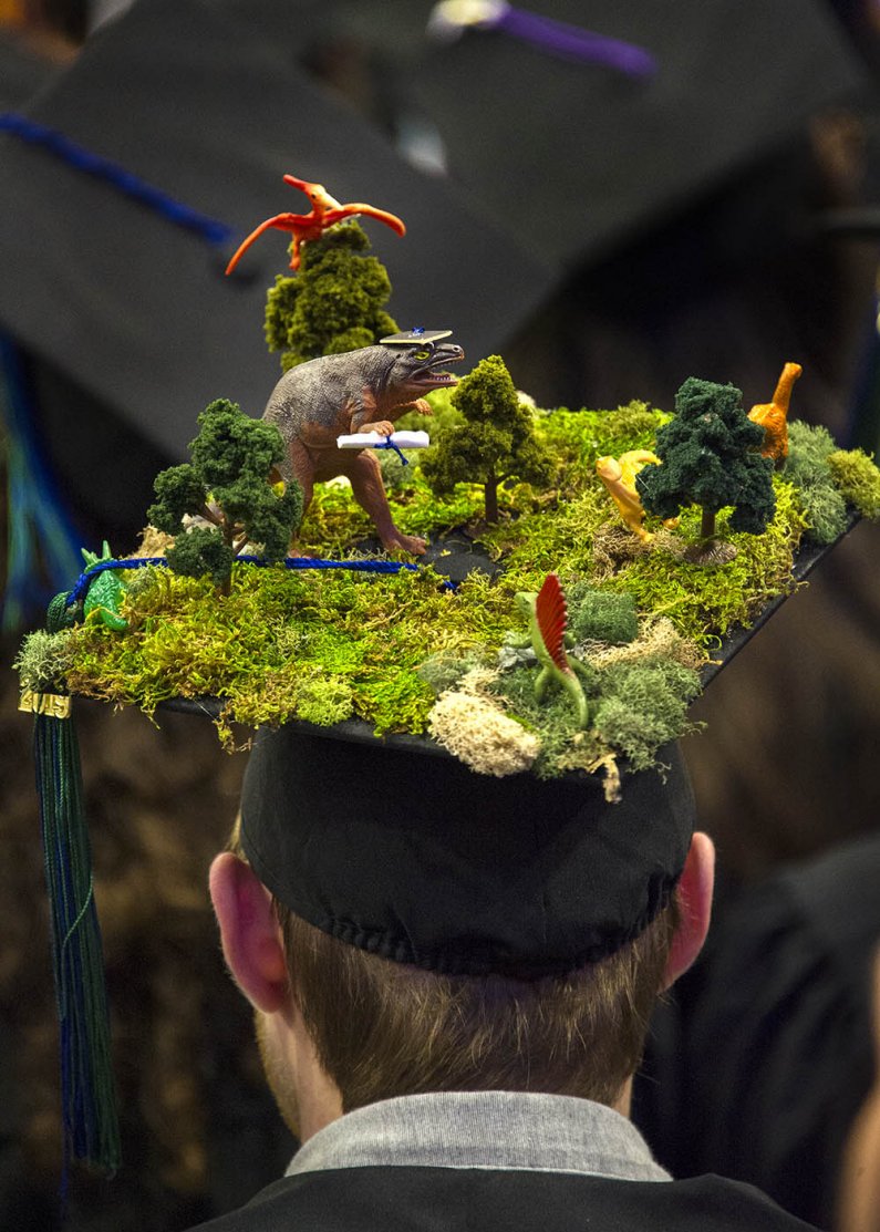 Student's mortar board has decorated diorama of dinosaurs getting their diplomas