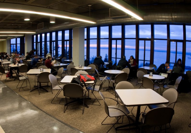 The dining area in the Viking Union is a popular spot among students who need a place to study late in the day. Photo by Jon Bergman | WWU intern