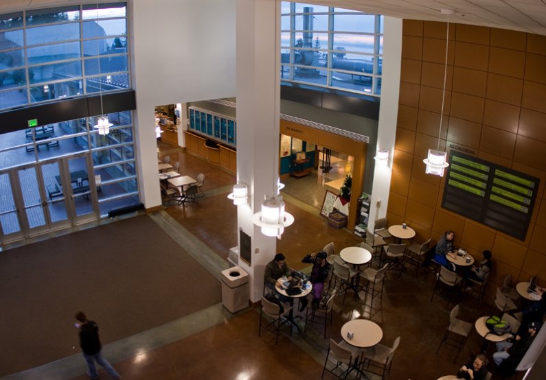 The lobby of the Viking Union is a popular spot among students who need a place to study late in the day. Photo by Jon Bergman | WWU intern